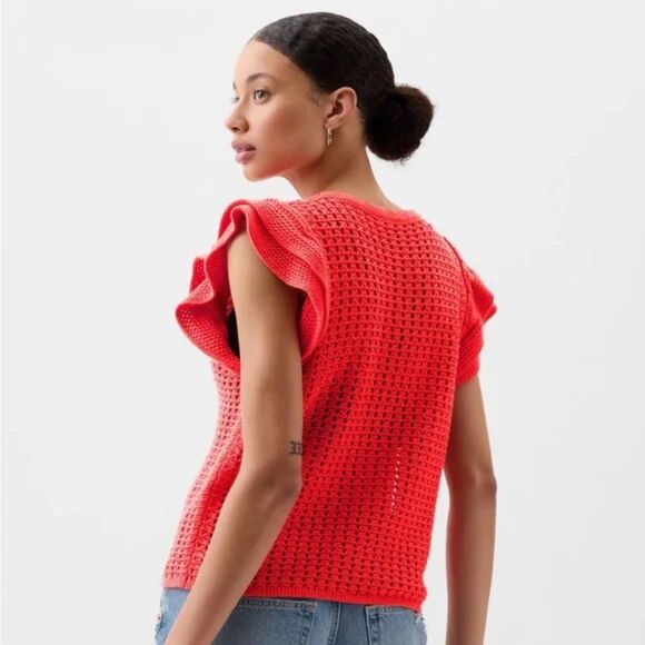 Gap Crochet Flutter Sleeve Top, Sz Small, Orange Feminine Resortwear Vacation - Picture 2 of 10